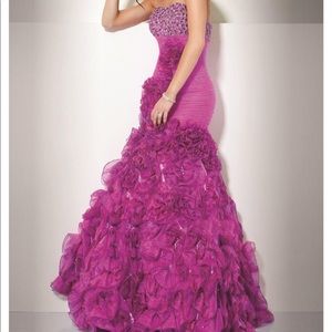 Jovani Magenta Rhinestone Ruffle Gown Dress